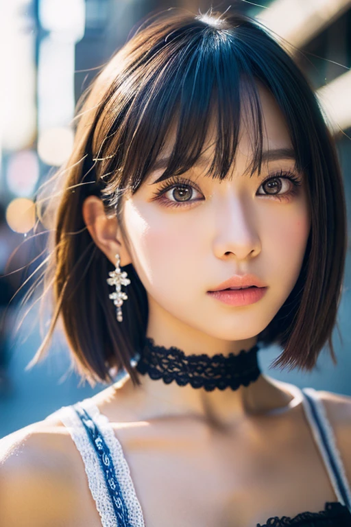 Analog Style, RAWphotograph, photograph, Hyperrealistic, amateur photo shot , Aesthetic artwork, Magazine Cover, On the city streets, Detailed skin, detailed natural raw light, Very detailedな, Cinematic, highest quality, Super detailed, Very detailed, grain, noise, Heading, stylish, font, Memorable、A boyish and healthy beautiful girl, Beautiful Eyes, Realistic eyes, Beautiful details in the eyes, (Realistic Skin),Japanese Idols、short hair、choker、Garter Stockings