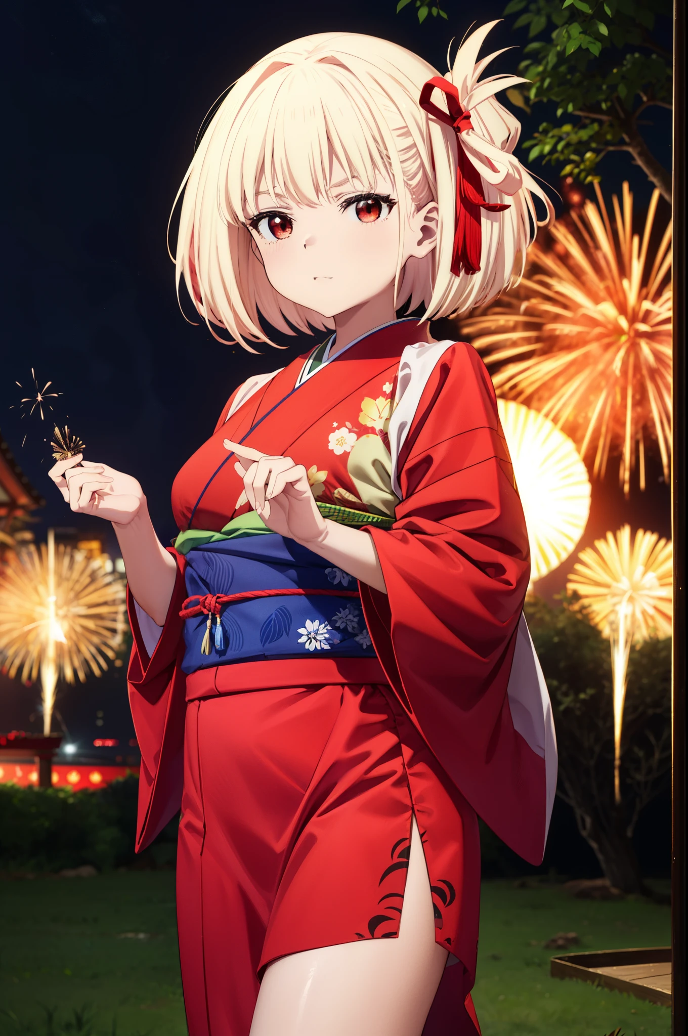 kemonomimi　girl　Red kimono with floral pattern　Big Breasts　Night view　firework　Hot Dog　Hold in mouth　Black Hair　Slender　geta