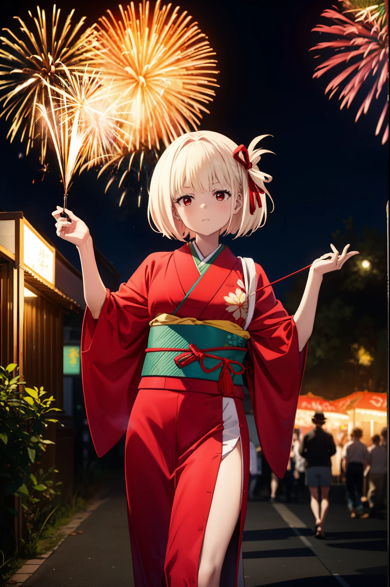 chisatonishikigi, Chisato Nishikigi, short hair, bangs, Blonde Hair, (Red eyes:1.5), hair ribbon, One side up, Bobcut,
,Red kimono,Sandals,日本のfestival,夏festivalの屋台、Red Lantern,firework in the night sky,firework,場所はfirework大会,Time is night,So that the whole body goes into the illustration,Looking up from below、walk,
break outdoors, festival,shrine,
break looking at viewer, (Cowboy Shot:1.5),
break (masterpiece:1.2), highest quality, High resolution, unity 8k wallpaper, (figure:0.8), (Beautiful fine details:1.6), Highly detailed face, Perfect lighting, Highly detailed CG, (Perfect hands, Perfect Anatomy),