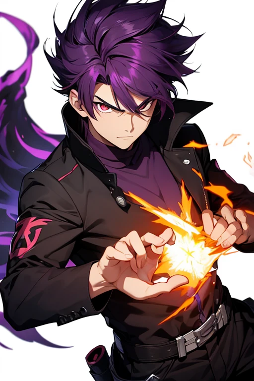Create a dark purple haired boy with a serious expression with his fire type powers in his left and right hands