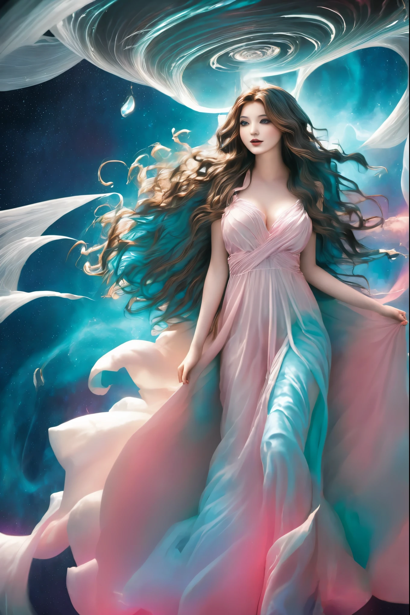 a woman in a long dress is standing in a swirling vortex, astral ethereal, flowing magical robe, channeling swirling energy, astral appearance, wearing flowing robes, portal to the ethereal realm, ethereal and otherworldly, strange ethereal being, flowing robes, swirling magical energy, an interdimensional being, beautiful celestial mage, ethereal angelic being of light