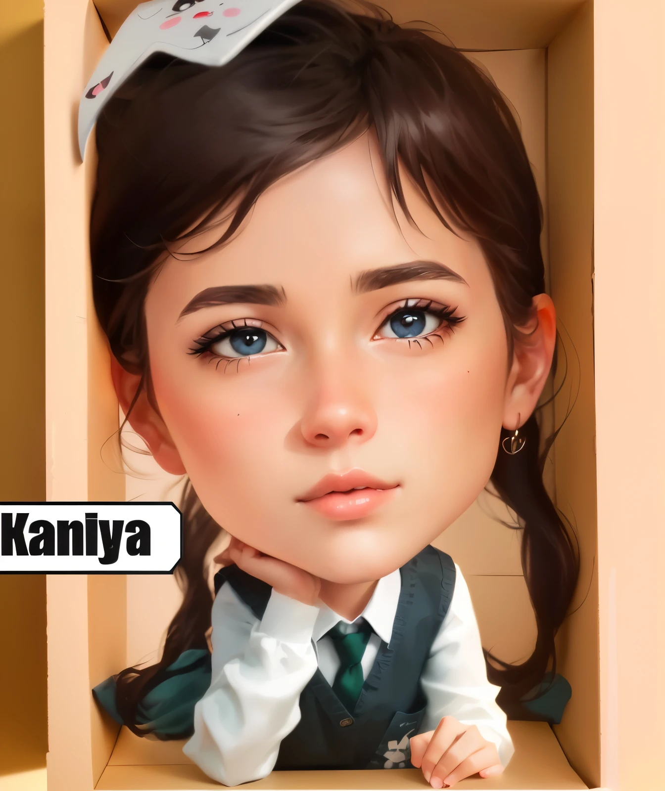 a close up of a cartoon of a in a box, cartoon digital painting, kawaii realistic portrait, realistic cute girl painting, in cartoon style, digital cartoon painting art, realistic cartoon, cartoon artstyle, cartoon portrait, caricature style, cartoon digital art, cartoon art style, realistic anime 3 d style, caricature illustration, hyperrealistic , fanart