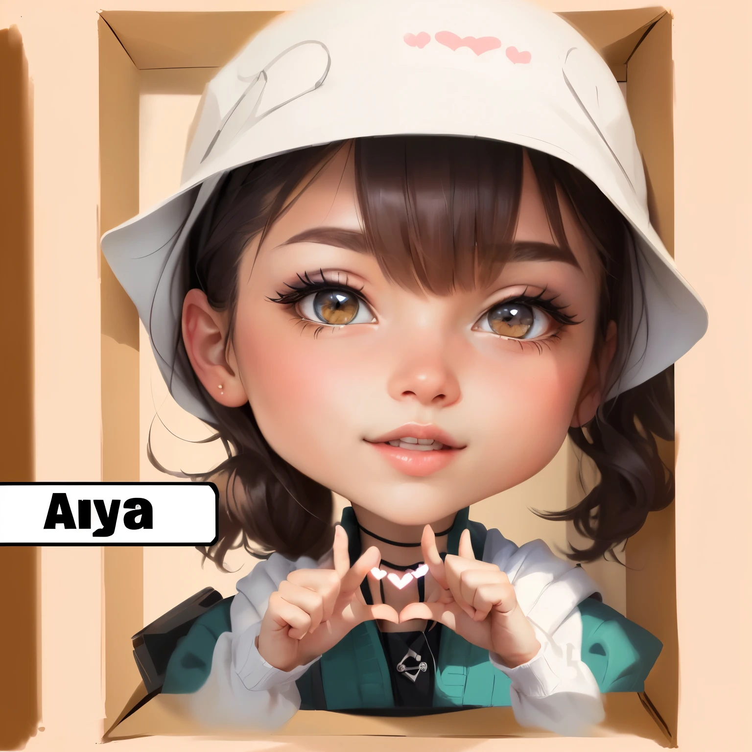 a close up of a cartoon girl in a box making a heart sign, cartoon portrait, anya from spy x family, cartoon artstyle, caricature style, digital art cartoon, cartoon digital painting, caricature illustration, in cartoon style, cartoon art style, cartoon digital art, maya, chibi, cartoon art, realism artstyle, caricature, photorealistic!!!!!!! art style