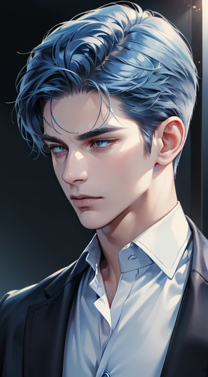 (best quality, masterpiece, 8K, photorealistic, cinematic lighting, 1:4 hdr image, ultra detailed, beautiful image), a mature man, 34 years very handsome, ((cold expression)), short blue hair, blue eyes, face perfect without mistakes, ((buttoning his jacket, CEO))