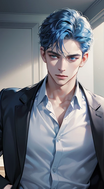 (best quality, masterpiece, 8K, photorealistic, cinematic lighting, 1:4 hdr image, ultra detailed, beautiful image), a mature man, 34 years very handsome, ((cold expression)), short blue hair, blue eyes, face perfect without mistakes, ((buttoning his jacket, CEO))