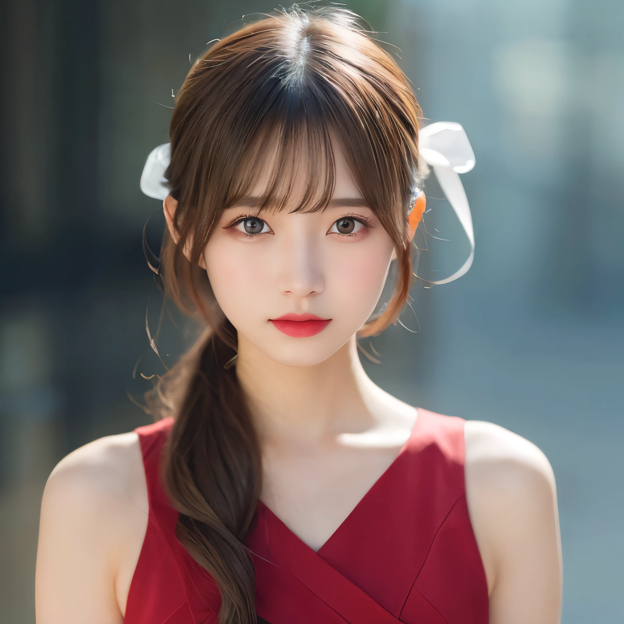 10 years of life, Brown Hair, Fair skin, Realistic, Long hair tied with a red ribbon, Light brown eyes, Red dress, 8k images, Realistic human skin, Image of real ,