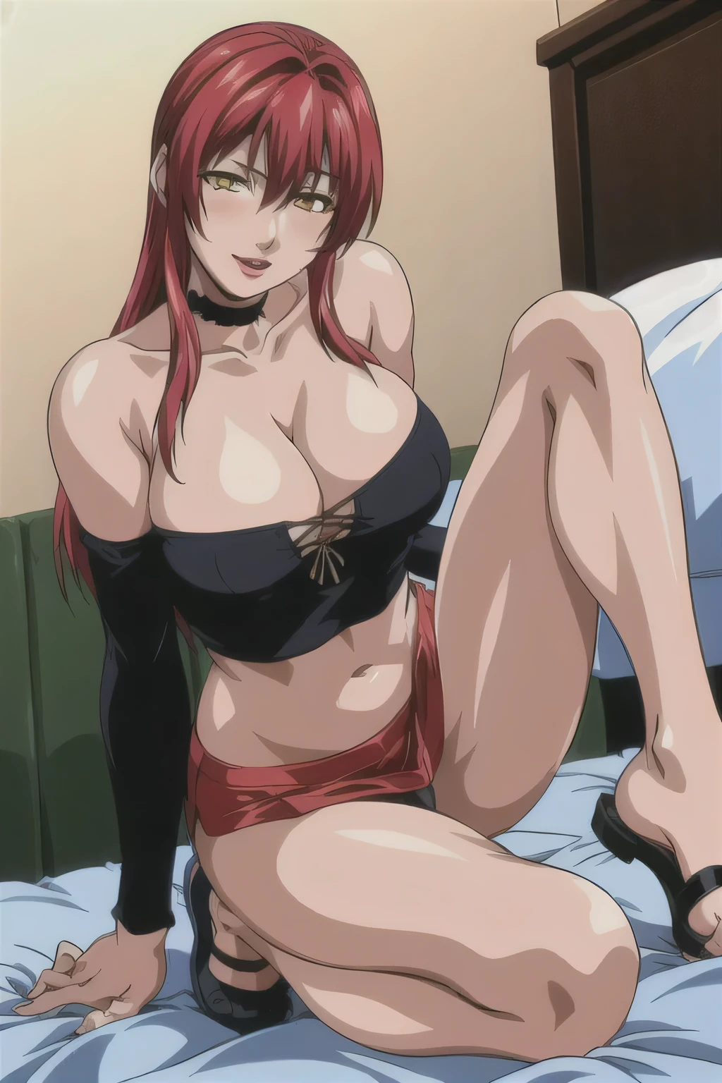 masterpiece, best quality, highres, 1 girls, hirokotakashiro,  micro ruffle skirt, black off shoulder crop top , bedroom, full body shot, (smug:0.3), looking at viewer, focus solo, sexy pose, crossing legs, mature, flip flops, detailed feet, busty, cleavage, redhead, seductive, dangling shoes, red eyeshadow, glossy lips, black choker, long hair, playing on bed, complete body, seducing, yellow eyes,  kneeling, scar on left eye,