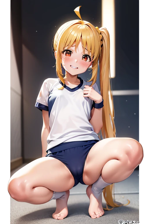 (Tabletop), highest quality, High resolution, 4K, One Girl, alone, blush、Shame face、Nice hands, 1 in, Side Ponytail, Long Hair, Ahoge, (Navy blue cuffs and white short-sleeved gym uniform)、(Bloomers are bikini type)、(
barefoot)、Navy blue socks、smile、Ground、Schoolyard、Backwards、look back