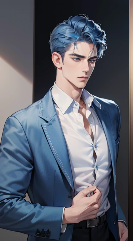 (best quality, masterpiece, 8K, photorealistic, cinematic lighting, 1:4 hdr image, ultra detailed, beautiful image), a mature man, 34 years very handsome, ((cold expression)), short blue hair, blue eyes, face perfect without mistakes, ((buttoning his jacket, CEO))