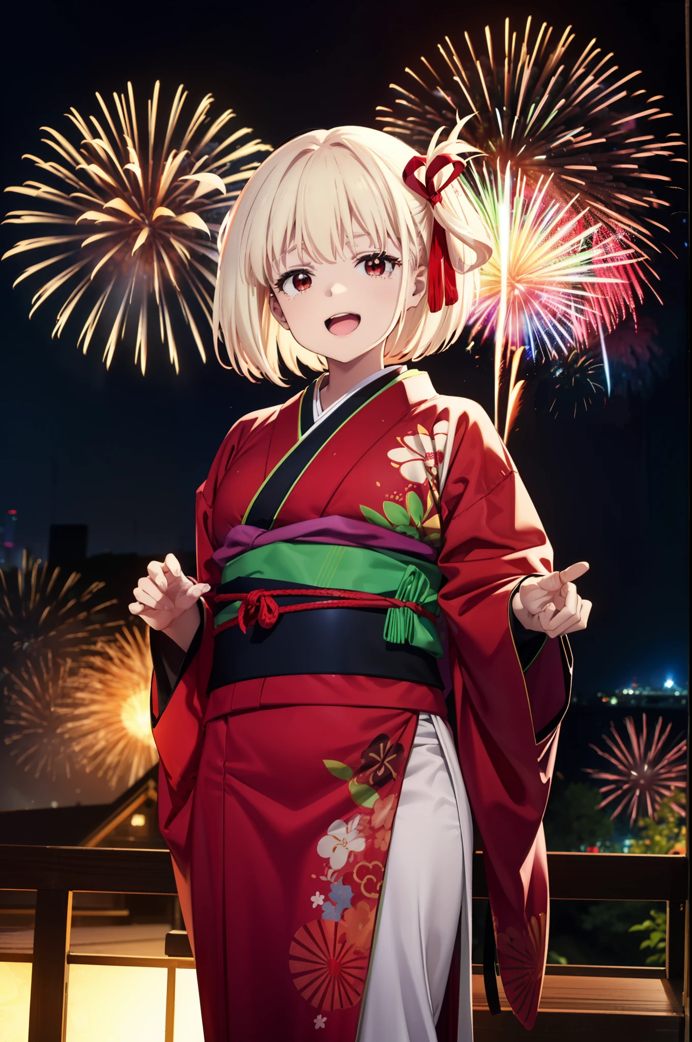 chisatonishikigi, Chisato Nishikigi, short hair, bangs, Blonde Hair, (Red eyes:1.5), hair ribbon, One side up, Bobcut,smile,Open your mouth wide,
,Red kimono,Sandals,日本のfestival，夏festivalの屋台、Red Lantern,firework in the night sky,firework,場所はfirework大会,Time is night,So that the whole body goes into the illustration,Looking up from below、walk,
break outdoors, festival,shrine,
break looking at viewer, (Cowboy Shot:1.5),
break (masterpiece:1.2), highest quality, High resolution, unity 8k wallpaper, (figure:0.8), (Beautiful fine details:1.6), Highly detailed face, Perfect lighting, Highly detailed CG, (Perfect hands, Perfect Anatomy),