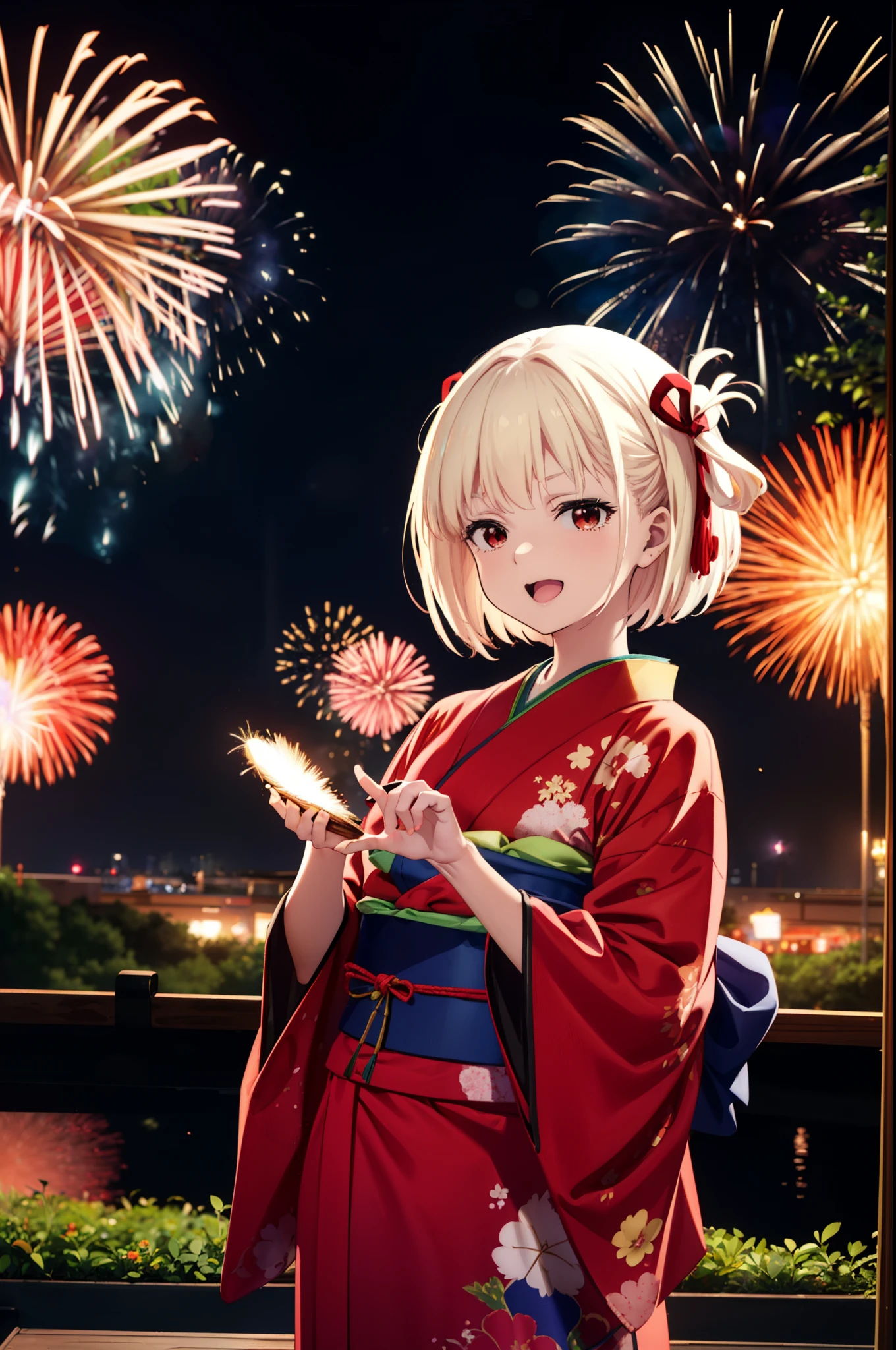 chisatonishikigi, Chisato Nishikigi, short hair, bangs, Blonde Hair, (Red eyes:1.5), hair ribbon, One side up, Bobcut,smile,Open your mouth wide,
,Red kimono,Sandals,日本のfestival，夏festivalの屋台、Red Lantern,firework in the night sky,firework,場所はfirework大会,Time is night,So that the whole body goes into the illustration,Looking up from below、walk,
break outdoors, festival,shrine,
break looking at viewer, (Cowboy Shot:1.5),
break (masterpiece:1.2), highest quality, High resolution, unity 8k wallpaper, (figure:0.8), (Beautiful fine details:1.6), Highly detailed face, Perfect lighting, Highly detailed CG, (Perfect hands, Perfect Anatomy),