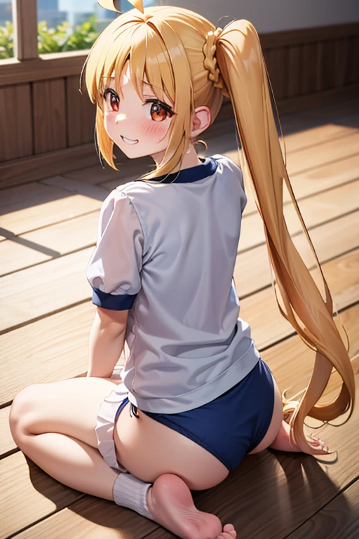 (Tabletop), highest quality, High resolution, 4K, One Girl, alone, blush、Shame face、Nice hands, 1 in, Side Ponytail, Long Hair, Ahoge, (Navy blue cuffs and white short-sleeved gym uniform)、(Bloomers are bikini type)、(
barefoot)、Navy blue socks、smile、Ground、Schoolyard、((Backwards、look back))