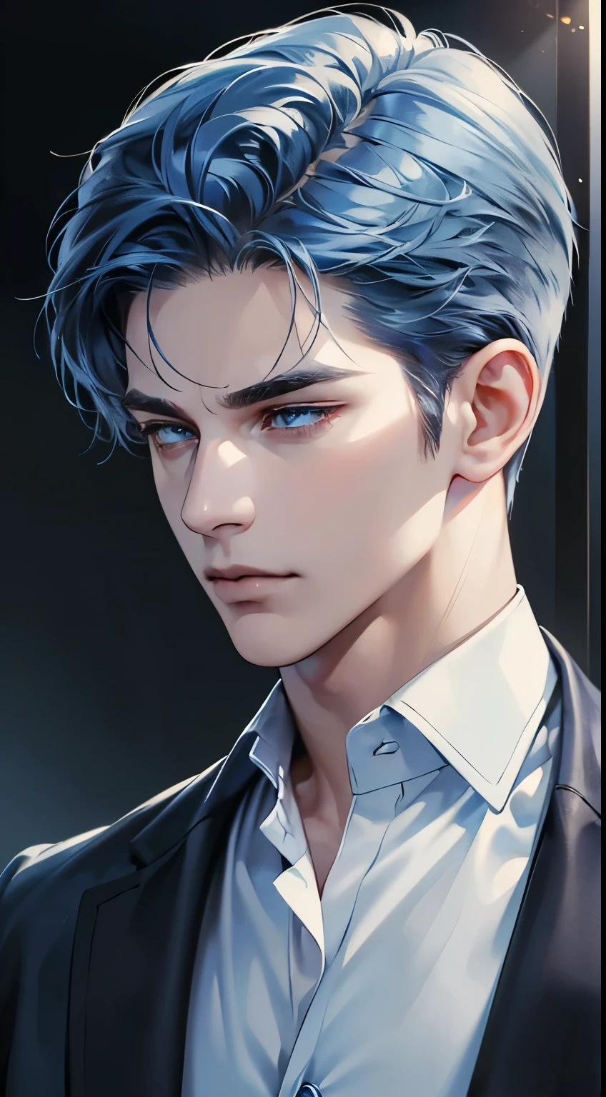 (best quality, masterpiece, 8K, photorealistic, cinematic lighting, 1:4 hdr image, ultra detailed, beautiful image), a mature man, 34 years very handsome, ((cold expression)), short blue hair, blue eyes, face perfect without mistakes, ((buttoning his jacket, CEO))