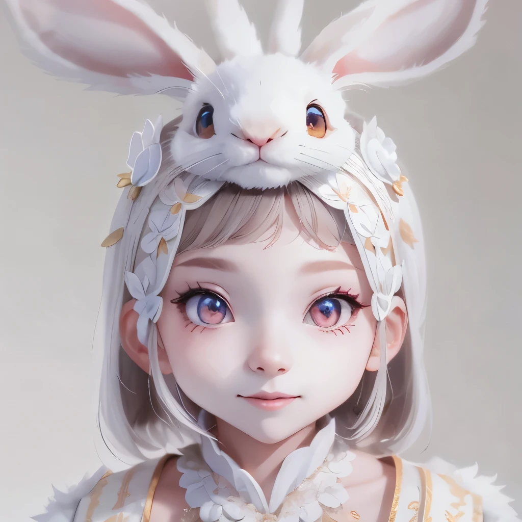 White gradient background,(panoramic:1.2,Lesbians all over:1.2),1. Huge Breasts,Anatomically correct,Rabbit-shaped head ornament,Short, thin hair,smile,Clothes with rabbit print,White shoes,Perfect balance,Highly detailed face,(The best quality in the best condition,High detail,masterpiece,Official Art,Cinematic Lighting Effects,4K)Eye color