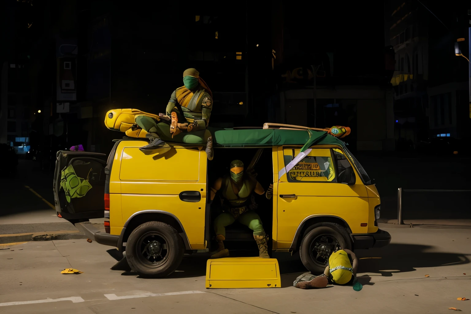(Best quality, 8k, 32k, Masterpiece, UHD:1.2) Transform the setting of this image to feature the Turtle Party Van with the age Mutant Ninja Turtles and April O'Neal. The background should be the New York City skyline at night, with visible skyscrapers and city lights. April should be leaning out of the van's window, with brown hair, looking prettier with an engaging expression. The turtles should be inside or on top of the van, posing in ninja style. They should have realistic reptilian details and textures while maintaining their humanoid appearance.
Introduce April O'Neal leaning out of the window of the Turtle Party Van, looking excited and engaged. The TeenMutant Ninja Turtles should be positioned around the van, either inside or on top, striking dynamic ninja poses. Leonardo, with a blue bandana, should have smooth, greenish-brown skin and a detailed shell. Michelangelo, with an orange bandana, should have a speckled, olive-green skin tone. Donatello, with a purple bandana, should exhibit darker, rugged skin with patches of mottled brown. Raphael, with a red bandana, should have rougher skin texture with visible veins and a deep green hue.
Highlight their reptilian nature with realistic skin textures, scales, and moist surfaces. Each turtle should be depicted in a unique ninja pose, showcasing their agility and combat readiness.
The lighting should be dynamic, with contrasted shadows and highlights that accentuate their forms and the details of the van. Utilize ambient lighting from the city lights, streetlights, and neon signs, casting realistic glows and reflections on April, the turtles, and the van.
Ensure the scene captures the energy and excitement of the turtles and April in action with the iconic Turtle Party Van, set against the dramatic and vibrant backdrop of New York City at night.