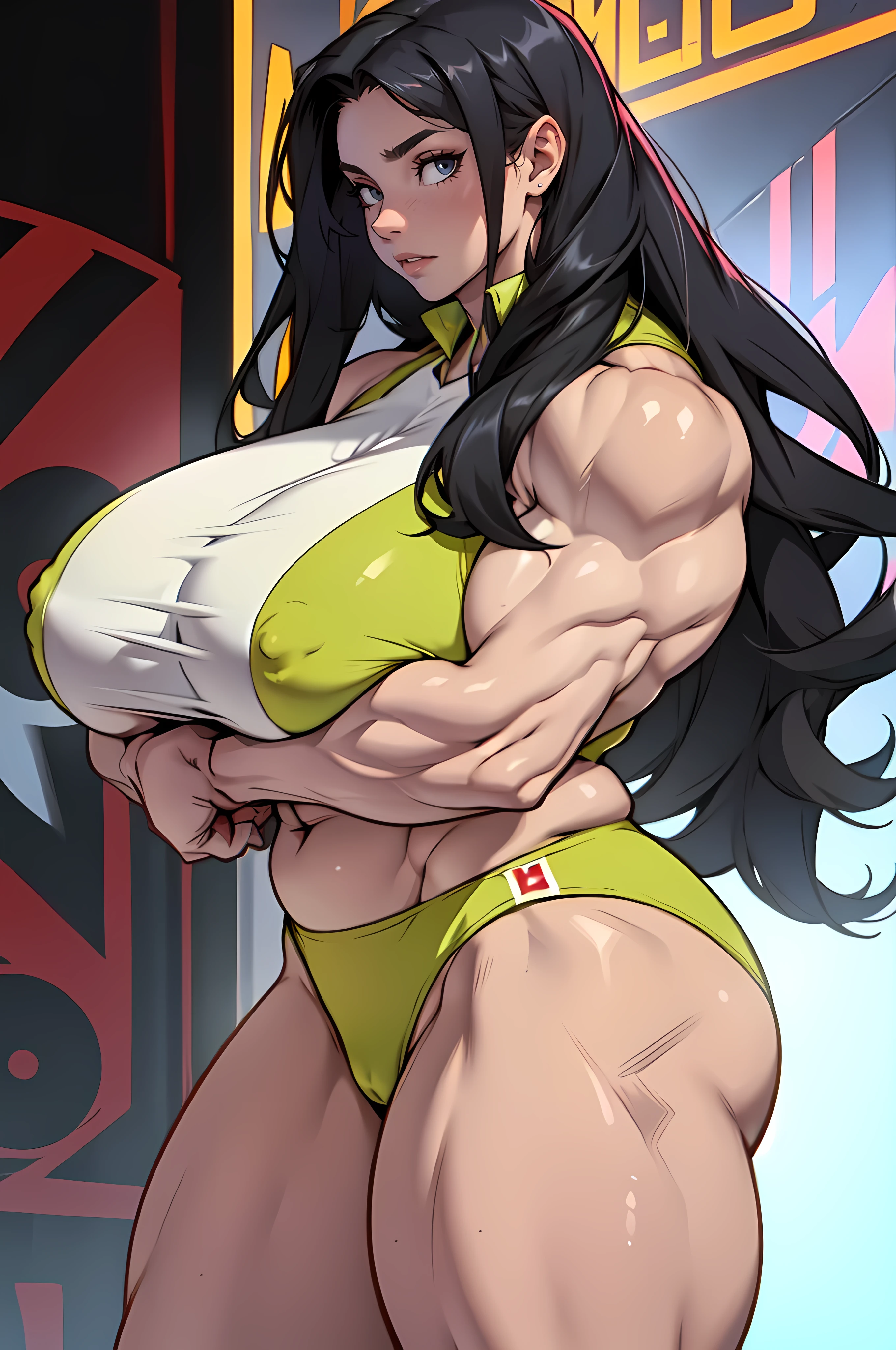 NSFW pale skin very long hair black hair yellow eyes ((((((1 girl)))))) (((((massive female bodybuilder))))) (((((huge breasts)))))