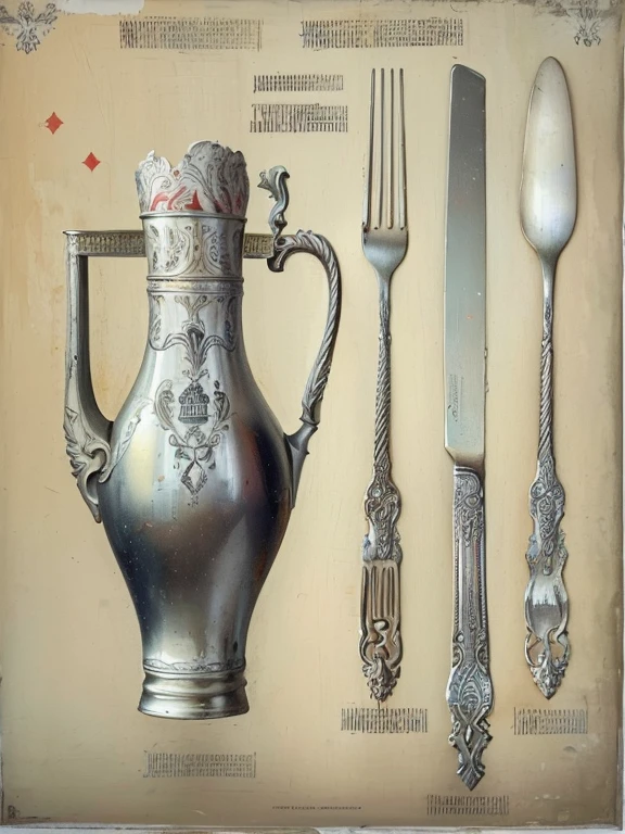 there is a lot of silverware on this table with a spoon and fork, soviet advertisement, decorated with Soviet motifs, poster, decorated with Russian motifs, soviet - era, from 10, Cutlery, inspired by Nikolai Makovsky, based on Vladimir Borovikovsky, soviet nostalgia, Alexander Abdulov