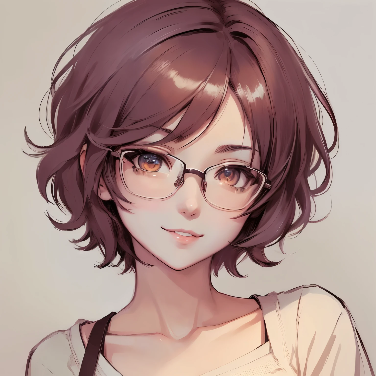 anime girl with short hair and glasses looking at the camera, sayori, anime style portrait, anime moe artstyle, flat anime style shading, clean detailed anime style, fubuki, with short hair, in an anime style, anime portrait, [[[[grinning evily]]]], cute anime face, detailed anime soft face
