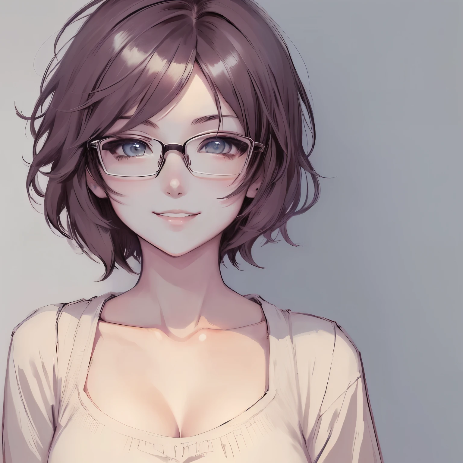 anime girl with short hair and glasses looking at the camera, sayori, anime style portrait, anime moe artstyle, flat anime style shading, clean detailed anime style, fubuki, with short hair, in an anime style, anime portrait, [[[[grinning evily]]]], cute anime face, detailed anime soft face