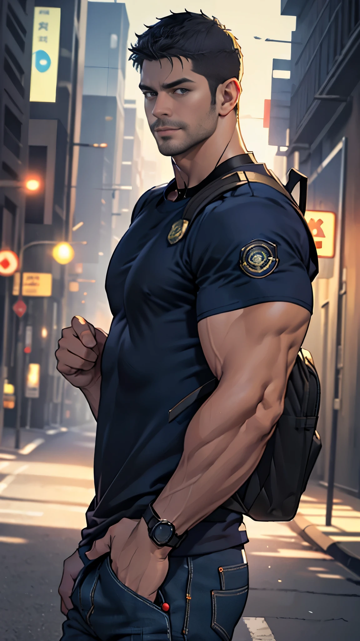 (Create a masterpiece: 1.2),(CGI art:1.3),(realistic:1.5),(After processing:1.3),(Sharp focus:1.3),1 man ,Chris Redfield , smile, (Wear color navy round neck T-shirt with a Police badge: 1.4), Navy blue jeans, Korean guy , korean men, (High gloss details), chest muscles, large arm muscles, blood vessel, Big muscles, Broad shoulders, looking at the audience, Balancing the eyes, middle of the road , (Carrying a black backpack: 1.3),dark black gloomy hallway in the background, detailed face, shadow, volumetric lighting, center focus, low camera angle