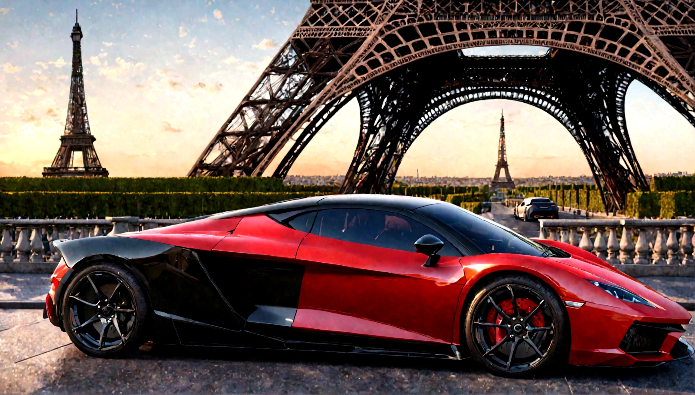 a red and black supercar, aggressive design, eiffel tower in the background, 1 car, highly detailed, realistic, photorealistic, studio lighting, 8k, ultra-detailed, extreme detail description, vibrant colors, dramatic lighting