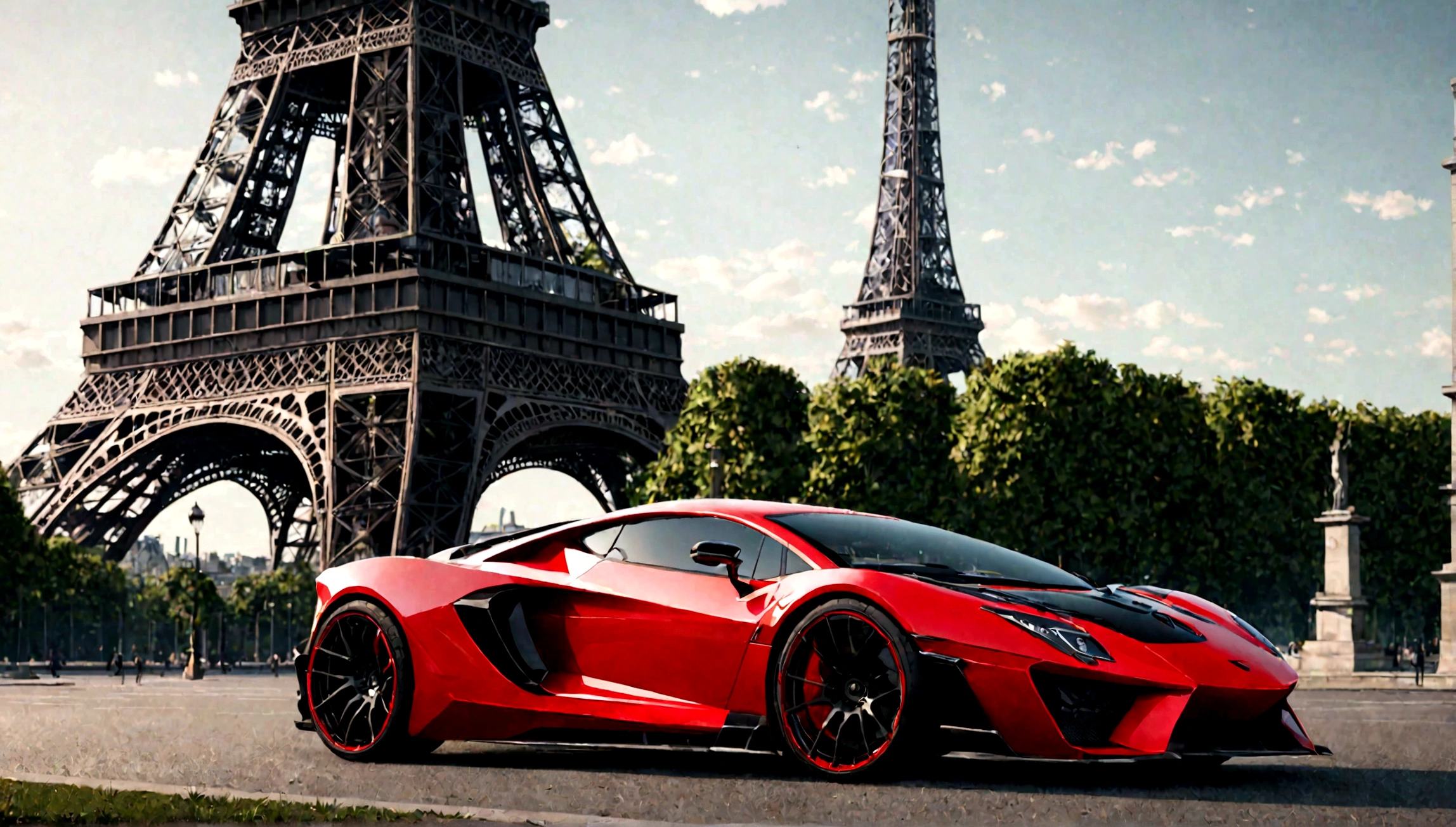 auto superdeportivo rojo y negro. aggressive design. con la torre eiffel de fondo