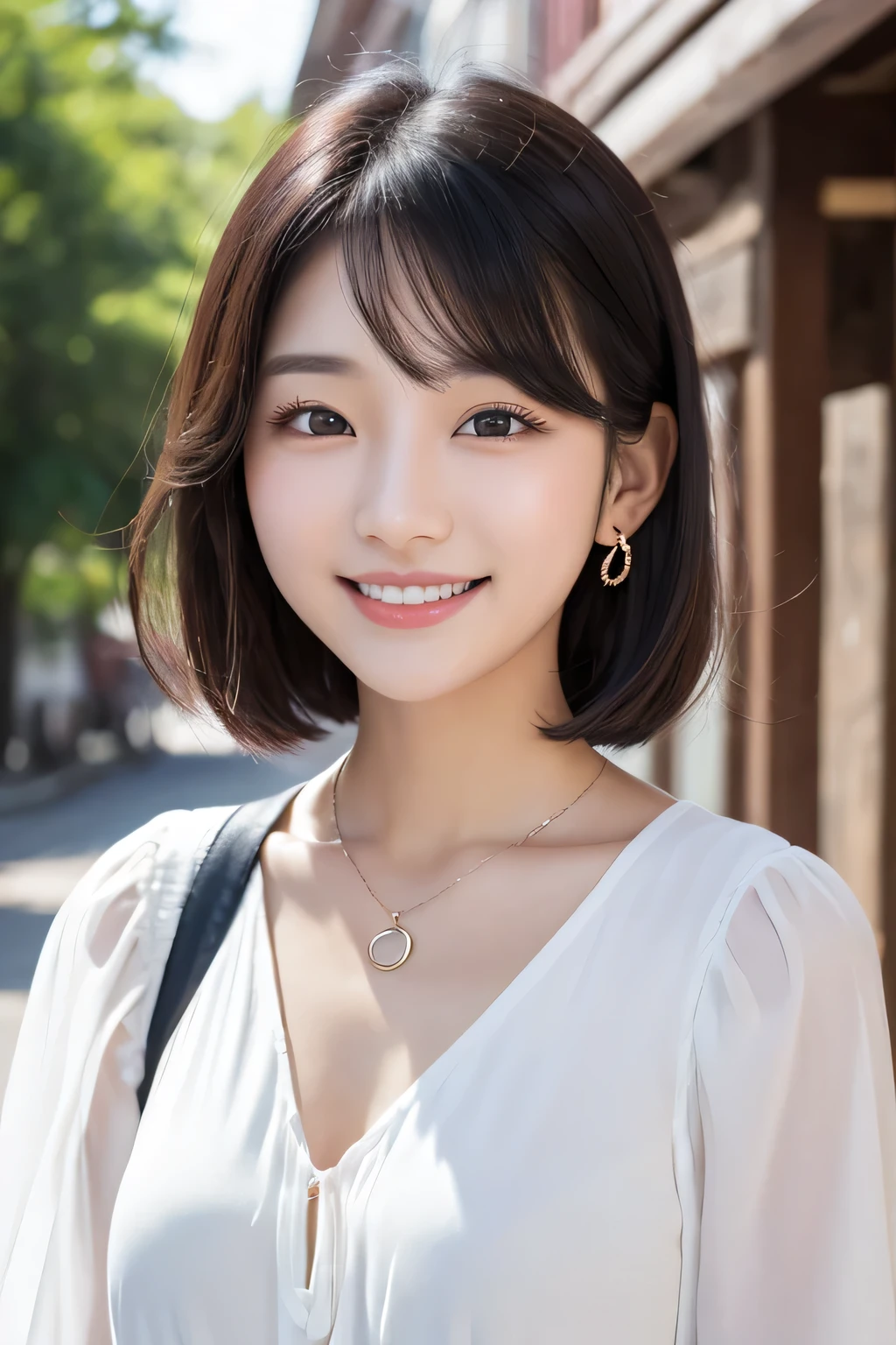 20Beautiful young woman of the year、 Korean women、Black Hair、Wavy Hair、short hair、ear piercing、Necklace around the neck、blouse、smile, Beautiful teeth alignment、Intricate details, Very detailed:1.2), 、 Looking into the camera,The background is the town