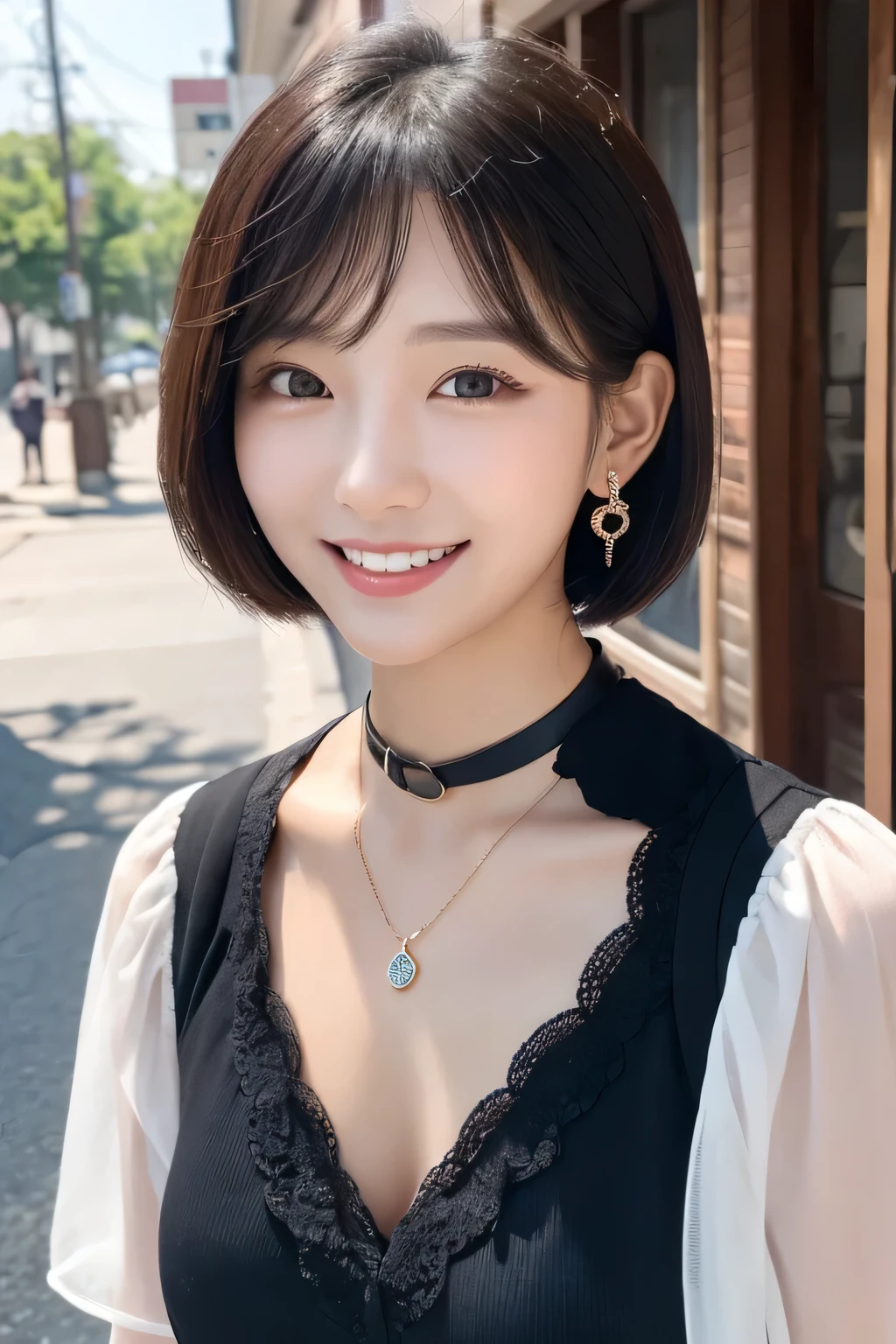20Beautiful young woman of the year、 Korean women、Black Hair、Wavy Hair、short hair、ear piercing、Necklace around the neck、blouse、smile, Beautiful teeth alignment、Intricate details, Very detailed:1.2), 、 Looking into the camera,The background is the town