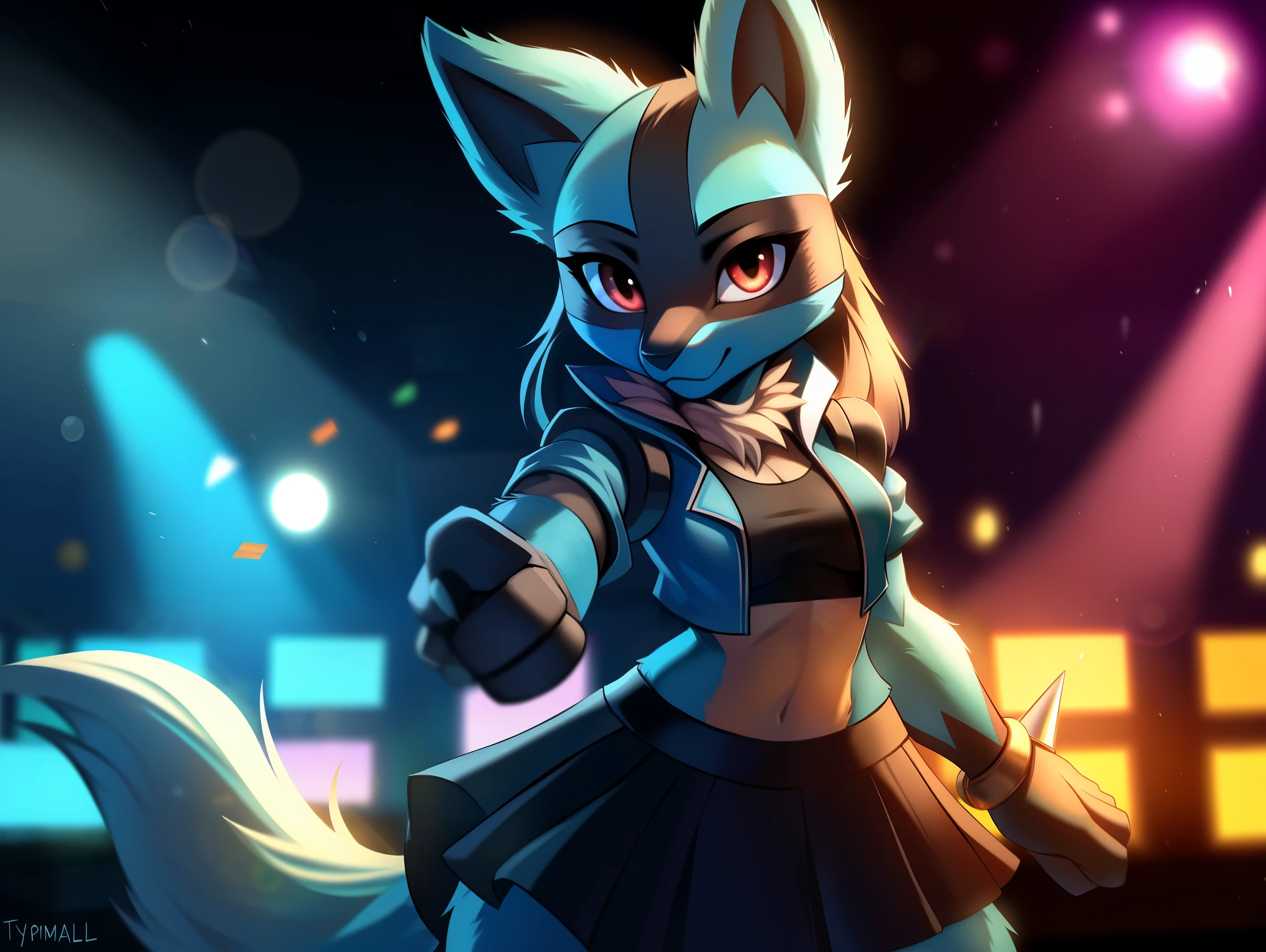 ((lucario)), ((solo)) wolf, blue fur, spikes, breasts, black crop top, ((blue open jacket)), skirt, dynamic pose, looking at viewer, potted plants, decorations, standing, up close, inside, nightclub, rave, lens flare, Very good figure, best quality, highres, 16k, Natural soft light, Tyndall effect, Advanced film lighting, Unreal Engine5, Extremely realistic, A high resolution, perfect masterpiece, high quality, high resolution