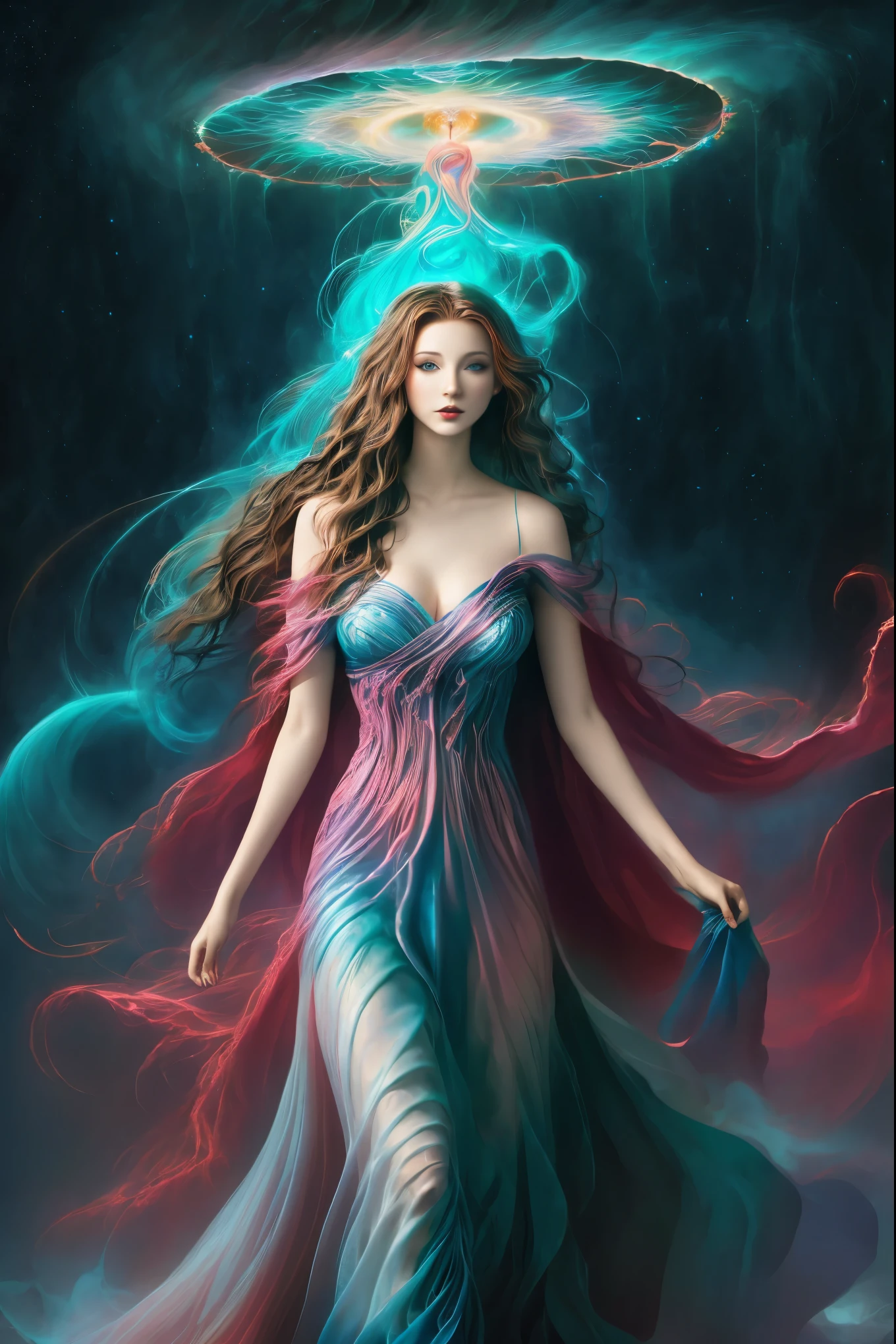 a woman in a long dress is standing in a swirling vortex, digital art inspired by tomasz alen kopera, tumblr, fantasy art, astral ethereal, flowing magical robe, channeling swirling energy, astral appearance, wearing flowing robes, portal to the ethereal realm, ethereal and otherworldly, strange ethereal being, flowing robes, swirling magical energy