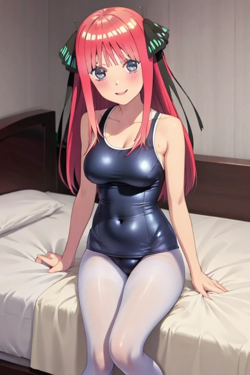 masterpiece, best quality, insanely detailed, beautiful, nino nakano, one-piece swimsuit, breasts, pantyhose, blush, smile, bed room, legs spread