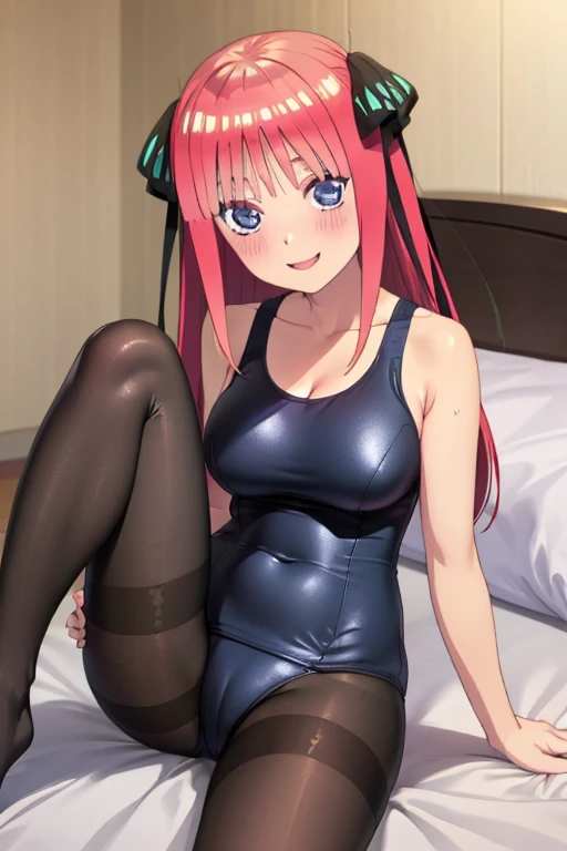 masterpiece, best quality, insanely detailed, beautiful, nino nakano, one-piece swimsuit, breasts, pantyhose, blush, smile, bed room, legs spread