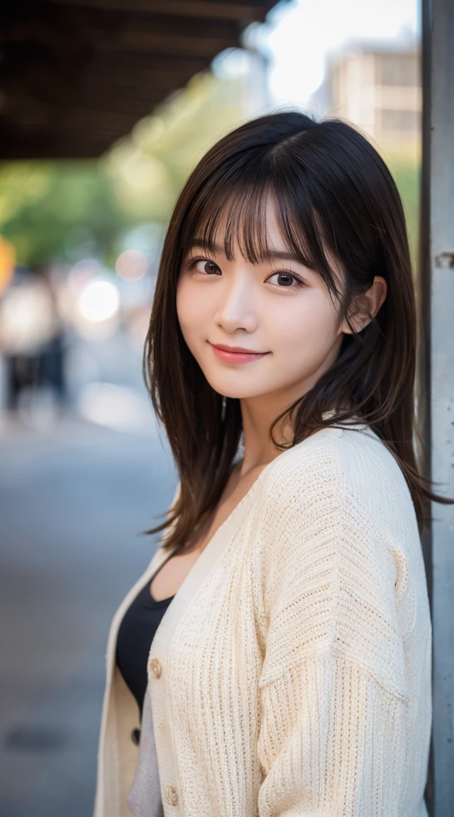 (highest quality,masterpiece:1.3,ultra high resolution),(Super detailed,caustics,8k),(photorealistic:1.4,RAW shooting),1 girl,(look at the camera with a smile),20-year-old,cute,Japanese,black hair long bronde, generous cleavage open jacket, open v chest clothes, wearing in cardigan, dressed with long fluent clothes, casual clothes, big ,bust up shot,street,face focus,Natural light,Backlight,(A bright light shines from above),(Lens flare),professional writing,(low position),(Low - Angle)
