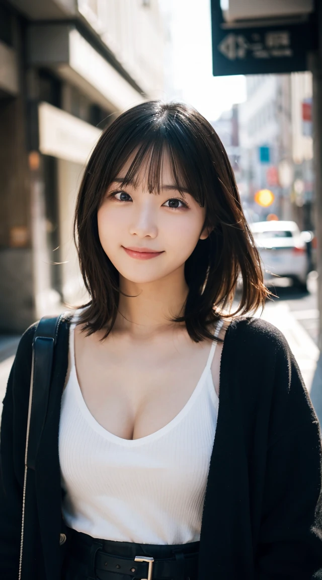 (highest quality,masterpiece:1.3,ultra high resolution),(Super detailed,caustics,8k),(photorealistic:1.4,RAW shooting),1 girl,(look at the camera with a smile),20-year-old,cute,Japanese,black hair long bronde, generous cleavage open jacket, open v chest clothes, wearing in cardigan, dressed with long fluent clothes, casual clothes, big ,bust up shot,street,face focus,Natural light,Backlight,(A bright light shines from above),(Lens flare),professional writing,(low position),(Low - Angle)