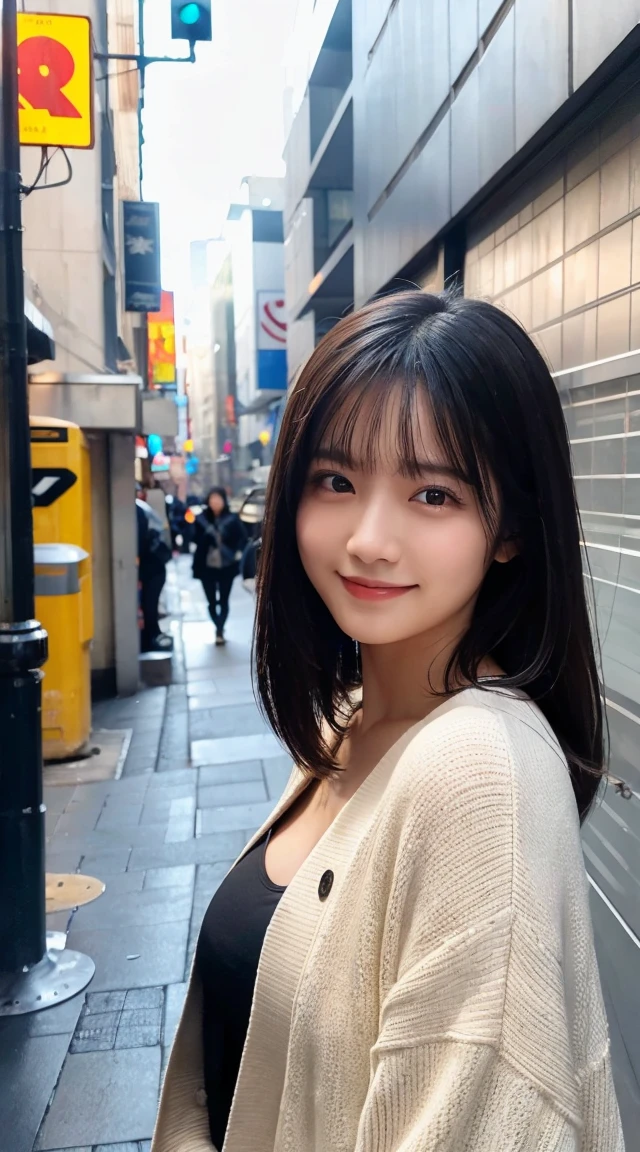 (highest quality,masterpiece:1.3,ultra high resolution),(Super detailed,caustics,8k),(photorealistic:1.4,RAW shooting),1 girl,(look at the camera with a smile),20-year-old,cute,Japanese,black hair long bronde, generous cleavage open jacket, open v chest clothes, wearing in cardigan, dressed with long fluent clothes, casual clothes, big ,bust up shot,street,face focus,Natural light,Backlight,(A bright light shines from above),(Lens flare),professional writing,(low position),(Low - Angle)