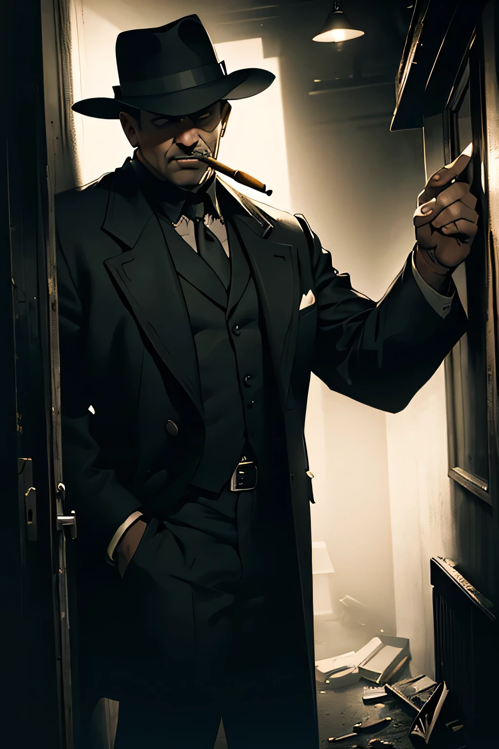 a detective with a hat and an old cigar in his hand,looking at an investigation on a wall,dark moody atmosphere,dramatic lighting,chiaroscuro,film noir,cinematic,high contrast,1920s,detective fiction,mystery,intrigue,vintage,gritty,realistic,photorealistic,masterpiece,best quality,8k,extremely detailed,ultra-detailed