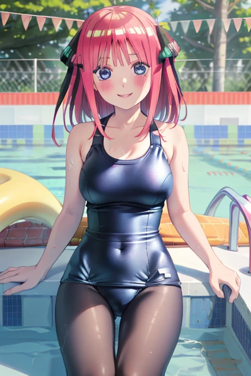 masterpiece, best quality, insanely detailed, beautiful, nino nakano, one-piece swimsuit, breasts, pantyhose, blush, smile, (outdoor swimming pool:1.3), legs spread