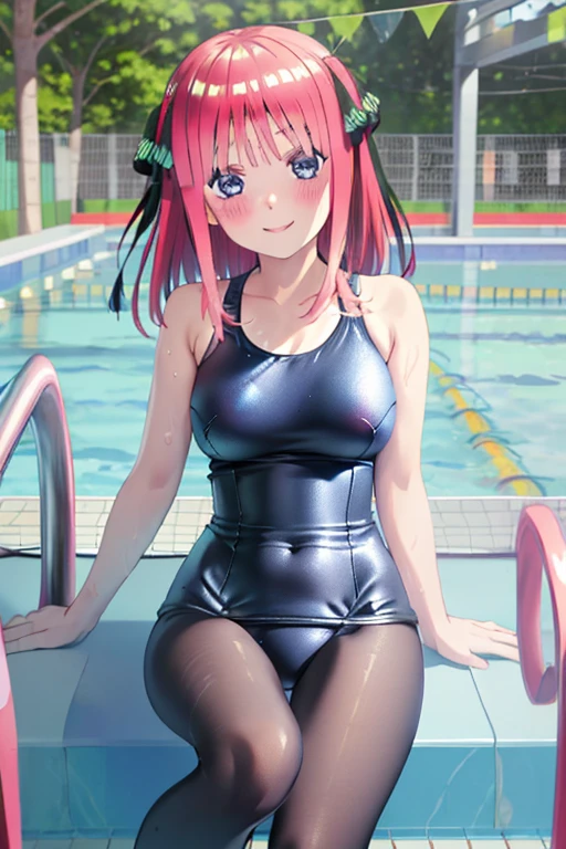 masterpiece, best quality, insanely detailed, beautiful, nino nakano, one-piece swimsuit, breasts, pantyhose, blush, smile, (outdoor swimming pool:1.3), legs spread