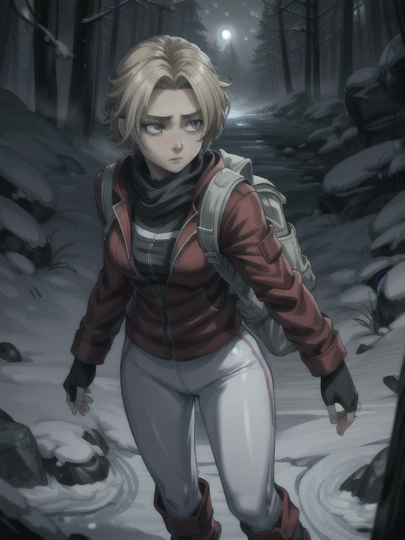 ((Best quality)), ((Masterpiece)), (detailed), (4K quality), (Detailed face:1.2), (Detailed eyes:1.2), (Perfect figure:1.2), 1girl, UDSam, solo, short hair, blonde hair, (Wearing: Red jacket, white leggings, fingerless gloves, snow boots and backpack:1.3), foggy and snowing weather snowy, blizzard, in a forest, upper body shot, night time ambiance, expressive eyes, detailed shadows, walking, detailed background. She's looking into the camera with a worried and determined feeling. This is a masterpiece that exudes exceptional quality and immersion. The illustration is ultra-detailed, Using HDR technology to create a sense of depth. Tone is isolation, gloomy, and anxiety driven, Full of spooky elements.
