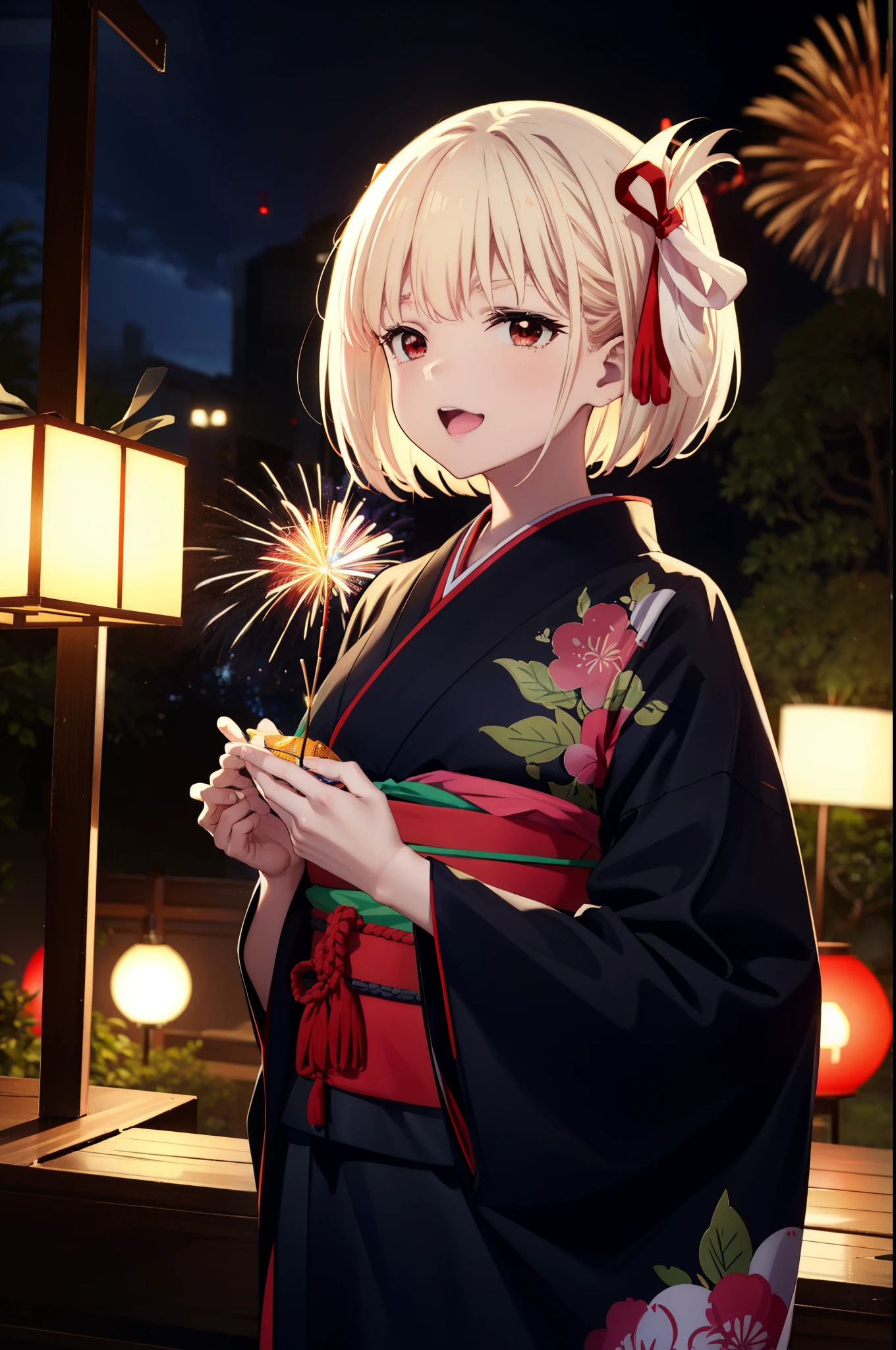 chisatonishikigi, Chisato Nishikigi, short hair, bangs, Blonde Hair, (Red eyes:1.5), hair ribbon, One side up, Bobcut,smile,Open your mouth wide,
,Red kimono,Sandals,日本のfestival，夏festivalの屋台、Red Lantern,firework in the night sky,firework,場所はfirework大会,Time is night,whole bodyがイラストに入るように,Looking up from below、walk,
break outdoors, festival,shrine,
break looking at viewer,whole body, (Cowboy Shot:1.5),
break (masterpiece:1.2), highest quality, High resolution, unity 8k wallpaper, (figure:0.8), (Beautiful fine details:1.6), Highly detailed face, Perfect lighting, Highly detailed CG, (Perfect hands, Perfect Anatomy),
