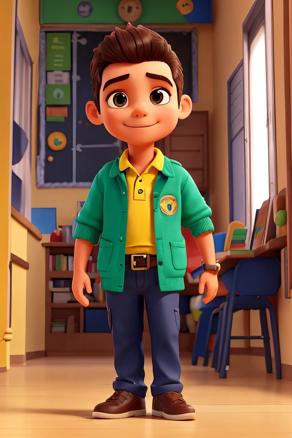 En la escena, un badge de escuela de estilo escudo aparece claramente. Los colores rojo, azul, yellow and green combine in the center to form the design. En el centro, a miniature model of a father is appreciated with clear admiration. La insignia representa la 32016 Papahuasi, a school in Peru that transmits values and education to students.