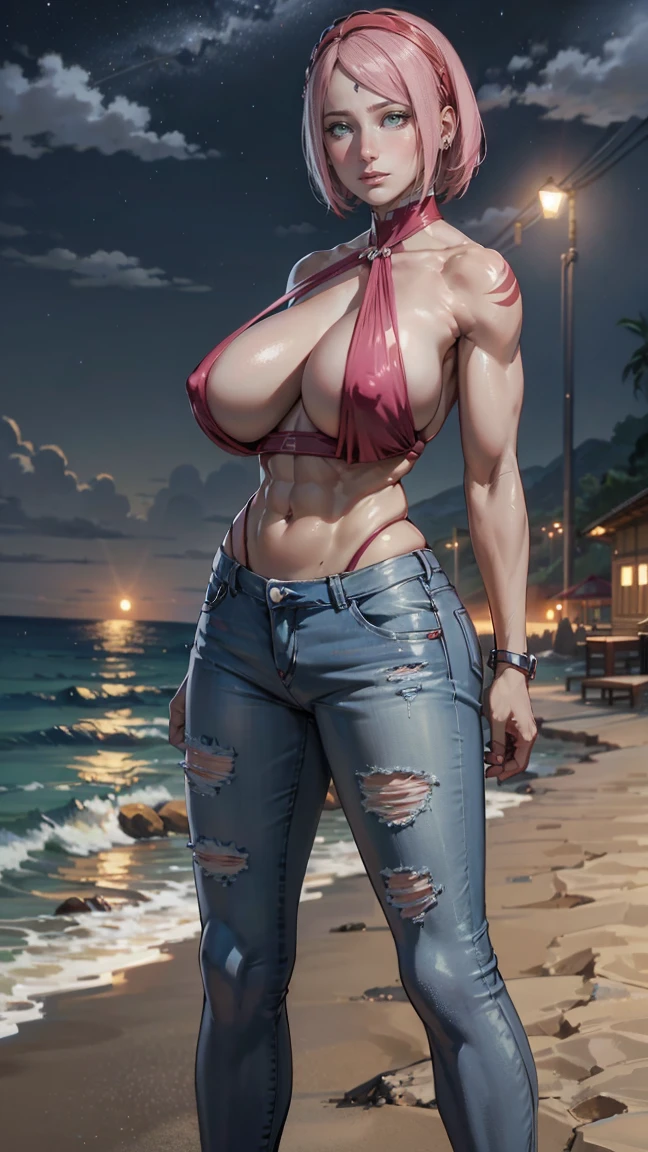 Sakura Haruno, milf, mujer mayor, cabello rosa, blusa corta, blusa levantada, brassier visible, (( jeans, jeans flojos, jeans bajados, tanga visible , thong blue, ruborizada, sonrisa, feliz, oiled skin)), short hair, pink hair, (( arms behind the back )), ((arms behind the back )), Curvy body, ((, gigantic sagging breast )), piernas largas, piernas abiertas , abs , muscle, Iparuputsua, squat, en la playa de noche, luces de ciudad a lo lejos, Cancun .