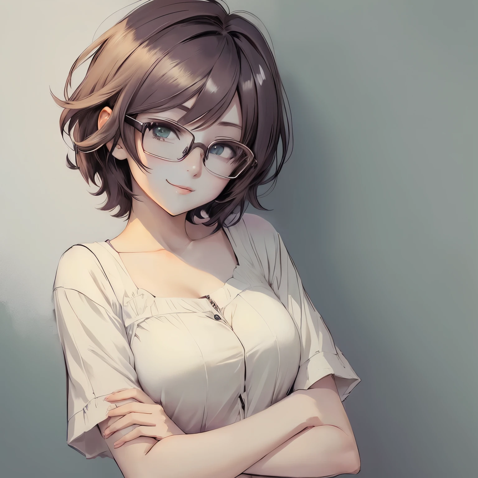 anime girl with short hair and glasses looking at the camera, sayori, anime style portrait, anime moe artstyle, flat anime style shading, clean detailed anime style, fubuki, with short hair, in an anime style, anime portrait, [[[[grinning evily]]]], cute anime face, detailed anime soft face