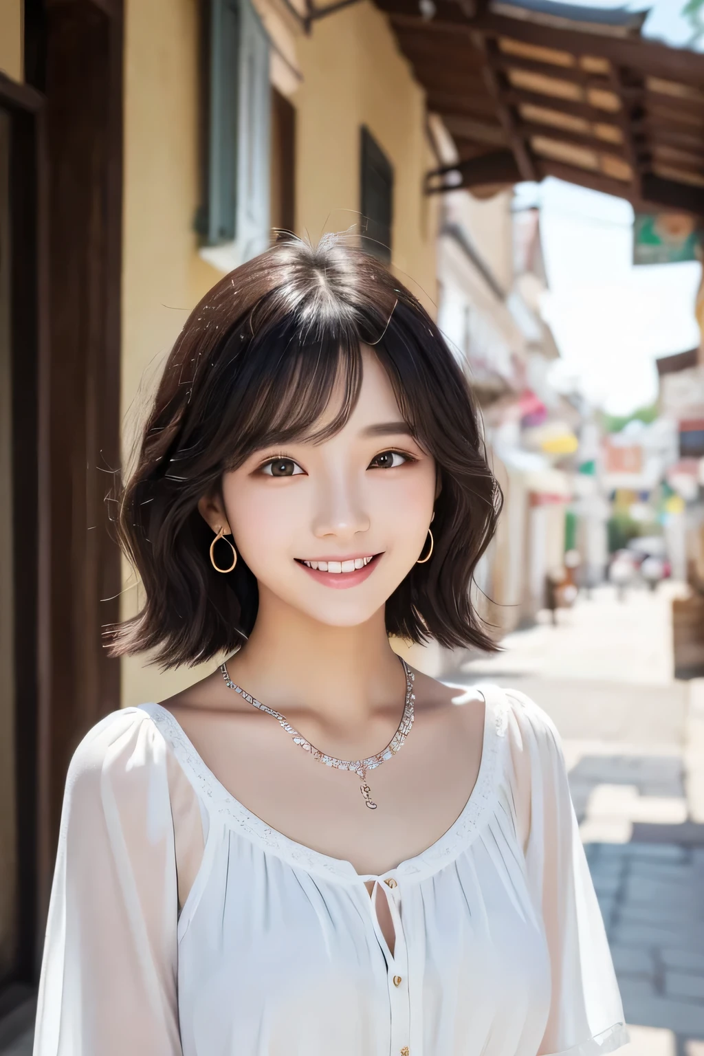 Beautiful young woman of the year、 Korean women、Black Hair、Wavy Hair、short hair、ear piercing、Necklace around the neck、blouse、smile, Beautiful teeth alignment、Intricate details, Very detailed:1.2), 、 Looking into the camera,The background is the town
