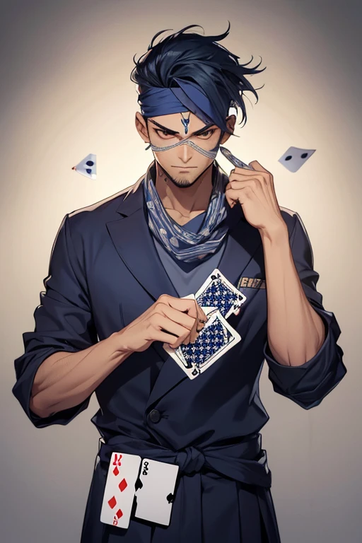 Create a standing man with navy blue hair, with bandana on his forehead and scar on his face holding playing cards in his hands