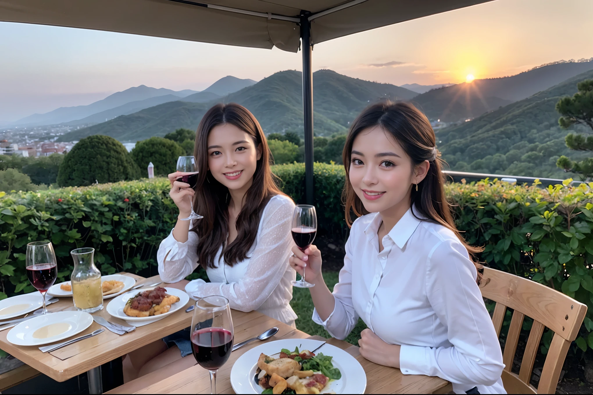 ((highest quality、8k、masterpiece:1.3))、1 male、1 female、Spouse、Beautiful couple、smile、 (Slim face), (the body is スリム), (Brown Hair), (Shortcuts), テーブルの上のwine glass、Please shine a light on my face、 Amazing view of the sunset sky and clouds、Amazing mountain views、smileの美しさ、Bright image、Blushing, Shortcuts,Bright Face、 (42 years old), 39 years old, red wine 、Appetizers、Italian food、Wine bottle、Champagne、sparkling wine、Long sleeve shirt、dress、Attractive beauty、restaurant, Nova Frog Style, actress, model, Upper Body, White wine, red wine, wine glass, 