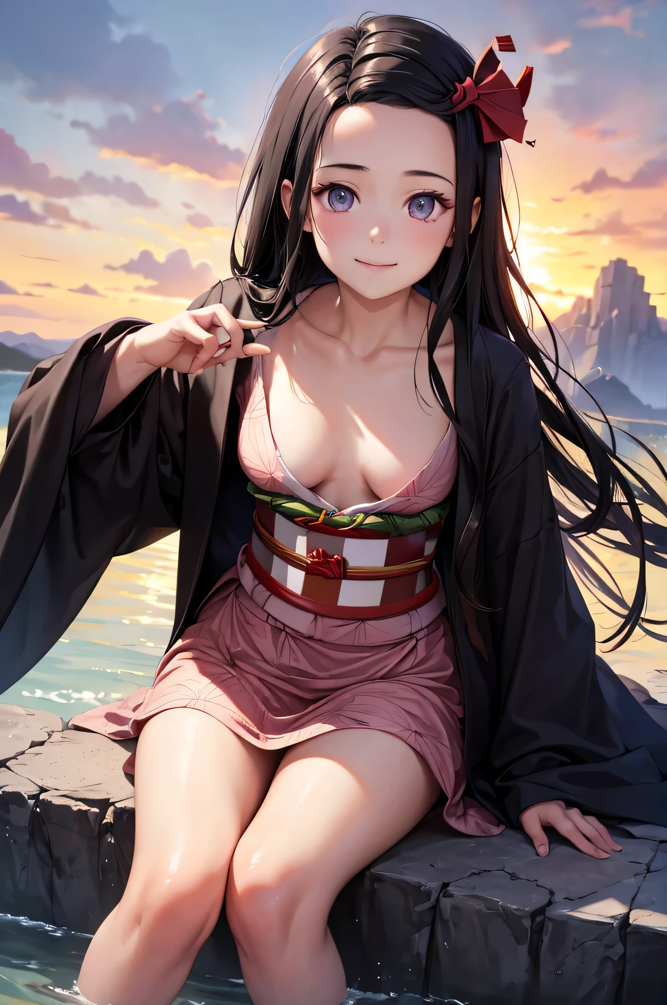 highest quality, masterpiece, Ultra-high resolution, (Realistic: 1.4), kamado nezuko, RAW Photos, 1 girl, , kimono, Look at me, Small breasts, Close-up of face, The best smile, Heart Shiny Skin, Dramatic lighting, ((((Give a heart gift)))), Lovely, Leaning forward, fine, In a hurry, cute, ((Valley)), Highly detailed eye depiction,