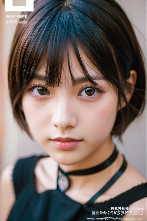 Analog Style, RAWphotograph, photograph, Hyperrealistic, amateur photo shot , Aesthetic artwork, ((Magazine Cover)), On the city streets, Detailed skin, detailed natural raw light, Very detailedな, Cinematic, highest quality, Super detailed, Very detailed, grain, noise, Heading, stylish, font, Memorable、A boyish and healthy beautiful girl, Beautiful Eyes, Realistic eyes, Beautiful details in the eyes, (Realistic Skin),Japanese Idols、short hair、choker、Garter Stockings