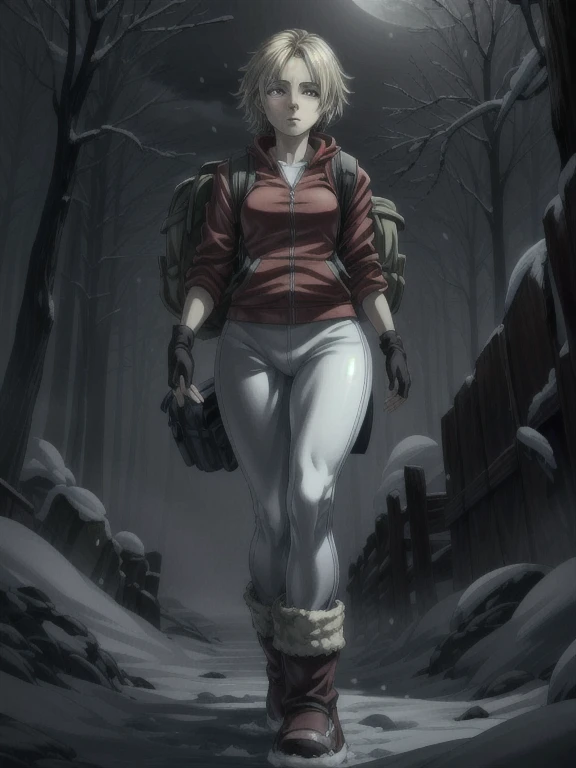 ((Best quality)), ((Masterpiece)), (detailed), (4K quality), (Detailed face:1.2), (Detailed eyes:1.2), (Perfect figure:1.2), 1girl, UDSam, solo, short hair, blonde hair, (Wearing: Red jacket, white leggings, fingerless gloves, snow boots and backpack:1.3), foggy and snowing weather snowy, blizzard, in a forest, upper body shot, night time ambiance, expressive eyes, detailed shadows, walking, detailed background. She's looking into the camera with a worried and determined feeling. This is a masterpiece that exudes exceptional quality and immersion. The illustration is ultra-detailed, Using HDR technology to create a sense of depth. Tone is isolation, gloomy, and anxiety driven, Full of spooky elements.
