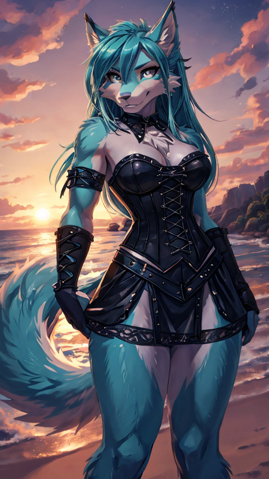 (Maxima calidad), ((la mejor definicion)) Miku Hatsune antropomorfica, furry art, deep blue eyes,((mejor calidad, obra maestra, 4k, 8K, high resolution)), ((peludo; Antro Lobo)), descalza, patas de loba,desgarrando la piel, ojos brillantes, teeth and colmillos, Supernatural Transformation, horror corporal, pelo verde, agresor, Feroz, colmillos, cuerpo completo, mujer lobo, ????, colores vibrantes, (peinado punk vanguardista), armadura de caballero, mini vestido victoriano, Gothic corset, recostada sobre su lado izquierdo, pose medio lateral, descalza, patas bien definidas, la mejor calidad, beach landscape al atardecer